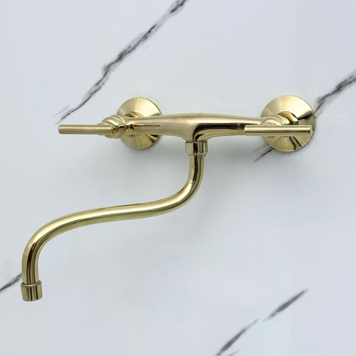 Unlacquered brass wall faucet, 10" reach, 7" drop with lever handles – alternate view 4
