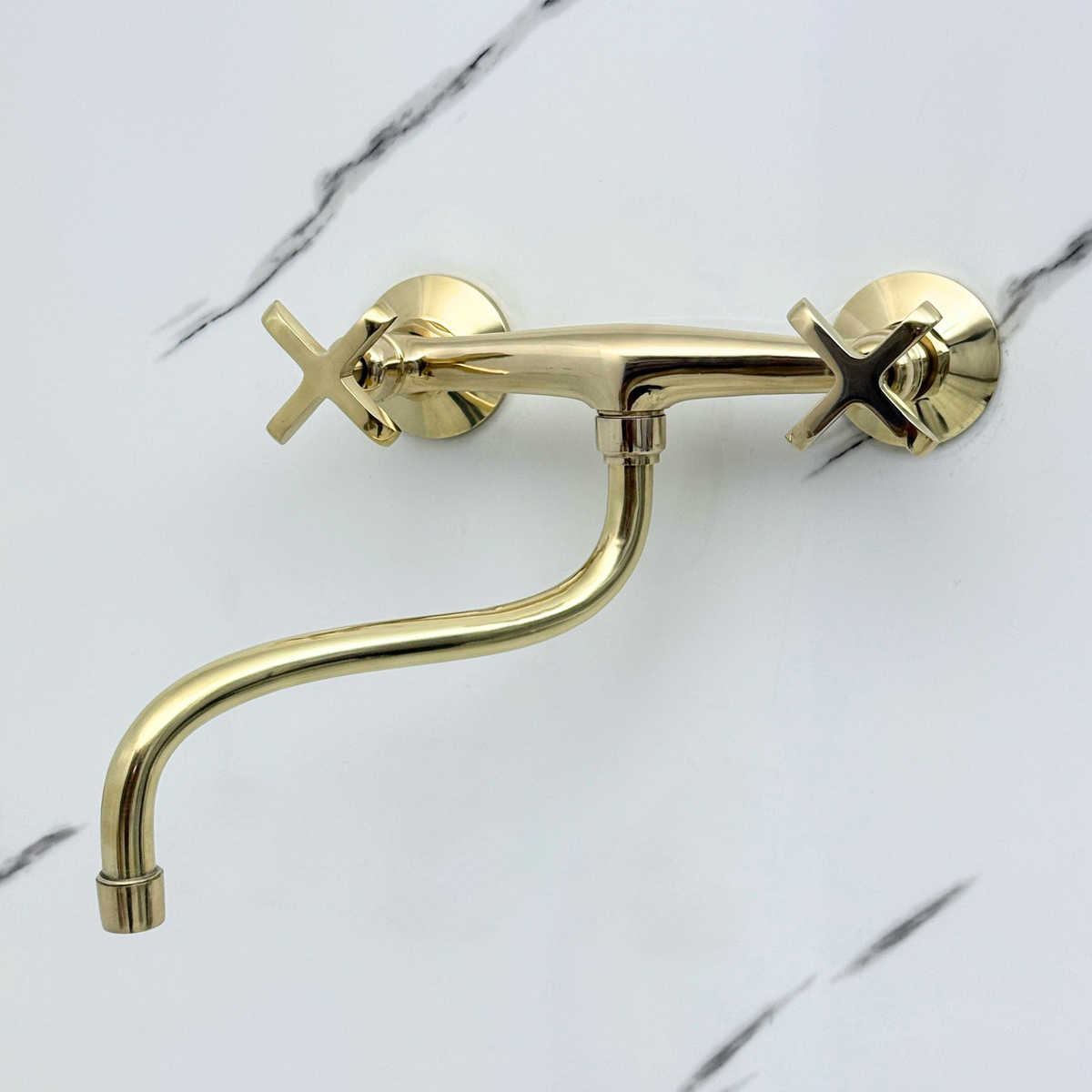 Unlacquered brass wall faucet, 10" reach, 7" drop with cross handles – alternate view 5