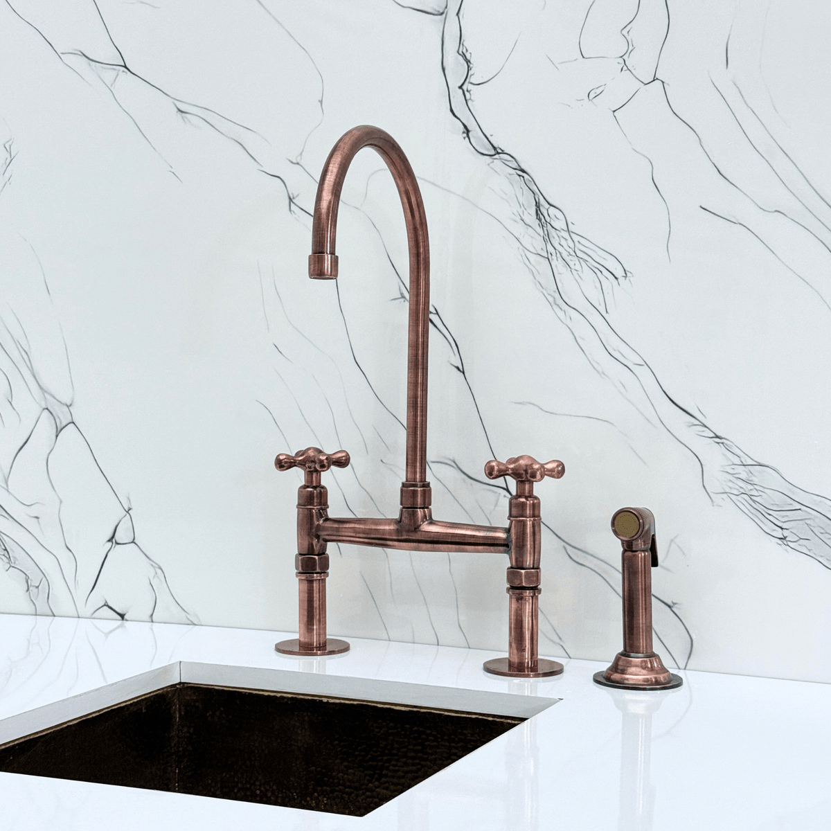 Antique Copper Bridge Faucet with Cross Handles - Atlas - Vintaless