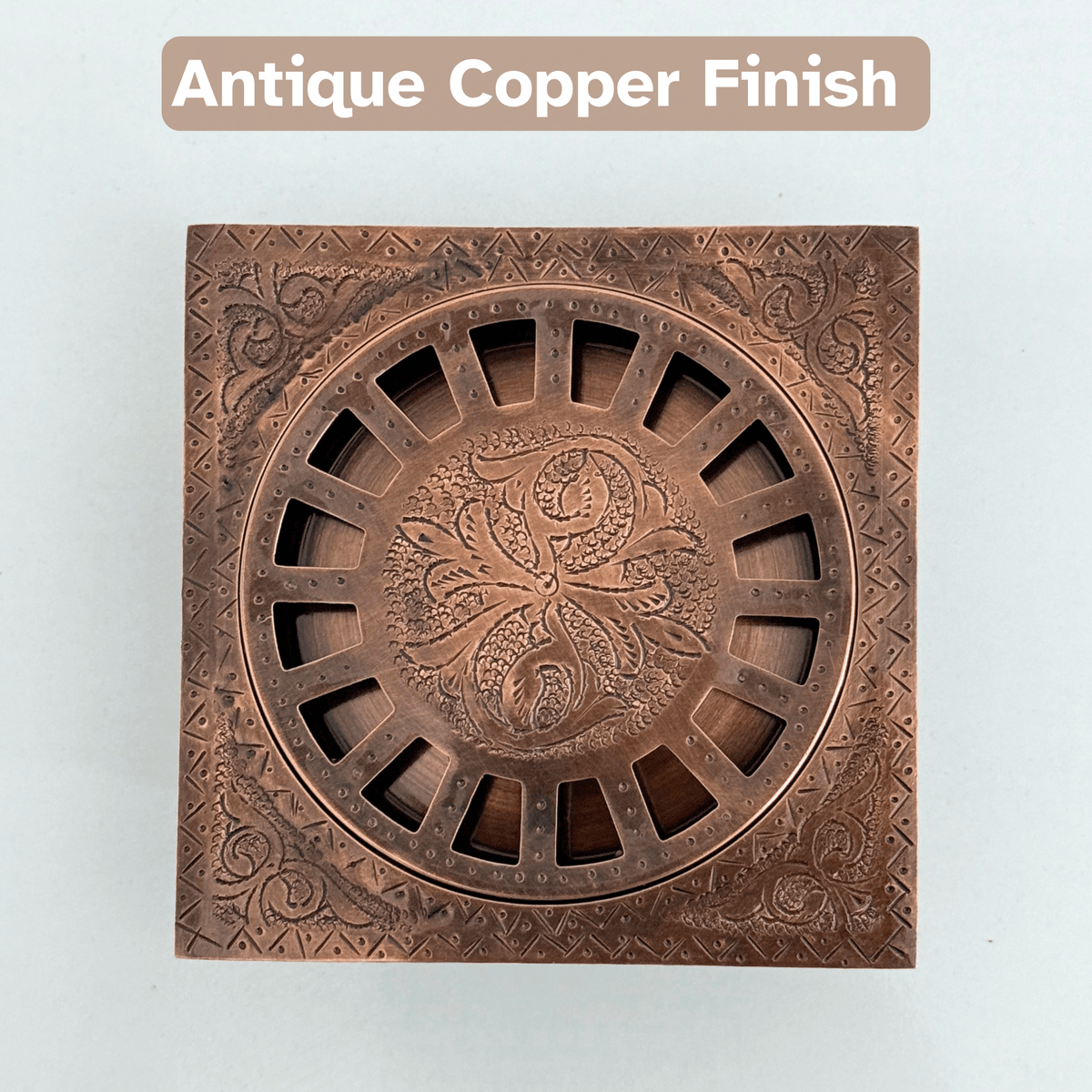 Antique Copper Engraved Shower Drain with Removable Cover, Solid Copper Square Shower Drain - Vintaless