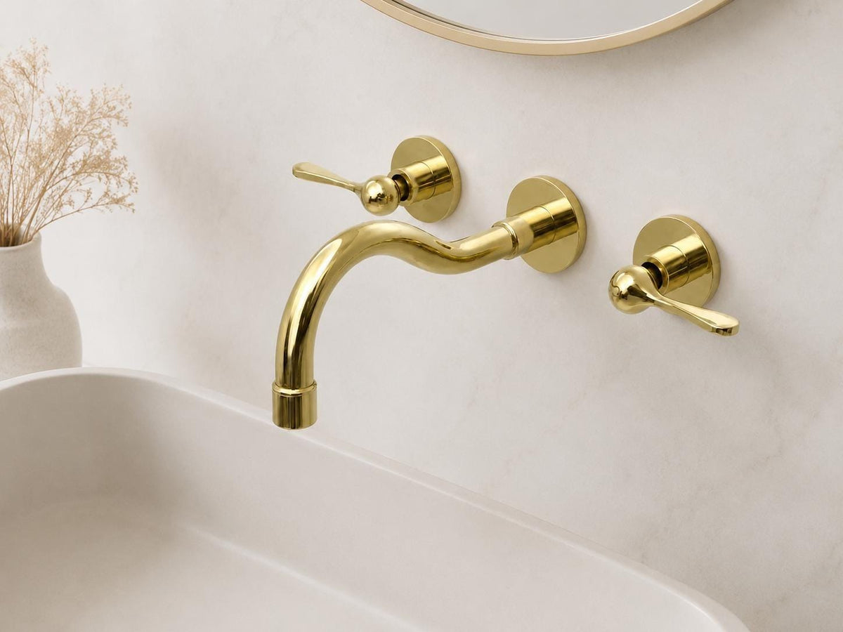 Unlacquered Brass Bathroom Faucet, Wall-Mount, 8-Inch Spread, Lever Handles