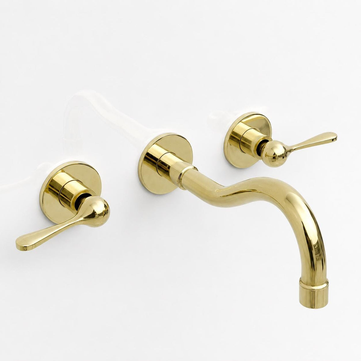 Unlacquered Brass Bathroom Faucet, Wall-Mount, 8-Inch Spread, Lever Handles