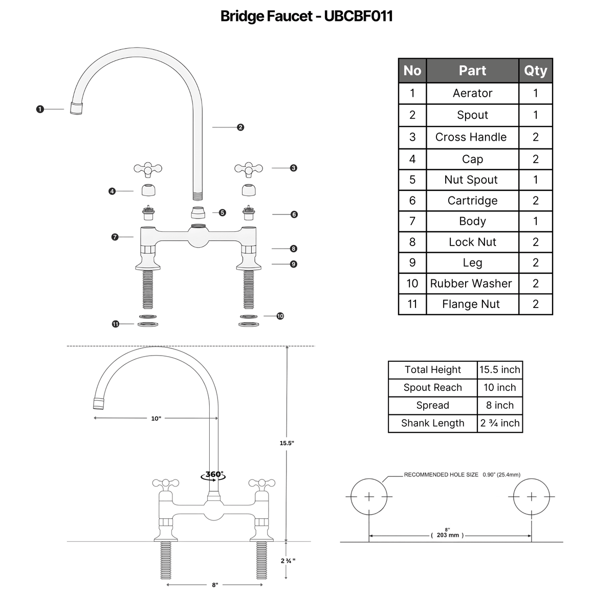 Unlacquered Brass Bridge Faucet with Cross Handles - Somerset - Vintaless