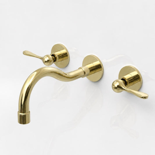 Unlacquered Brass Bathroom Faucet, Wall-Mount, 8-Inch Spread, Lever Handles