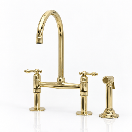 Atlas Unlacquered Brass bridge faucet, Pearl handles with sprayer