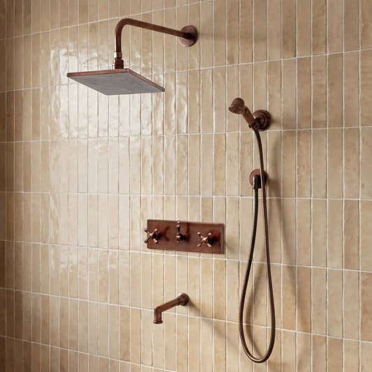 Antique Copper Adjustable Square Rain Shower System with Handheld & Tub Filler — Straight arm (ACCSS-019) — shower system overview