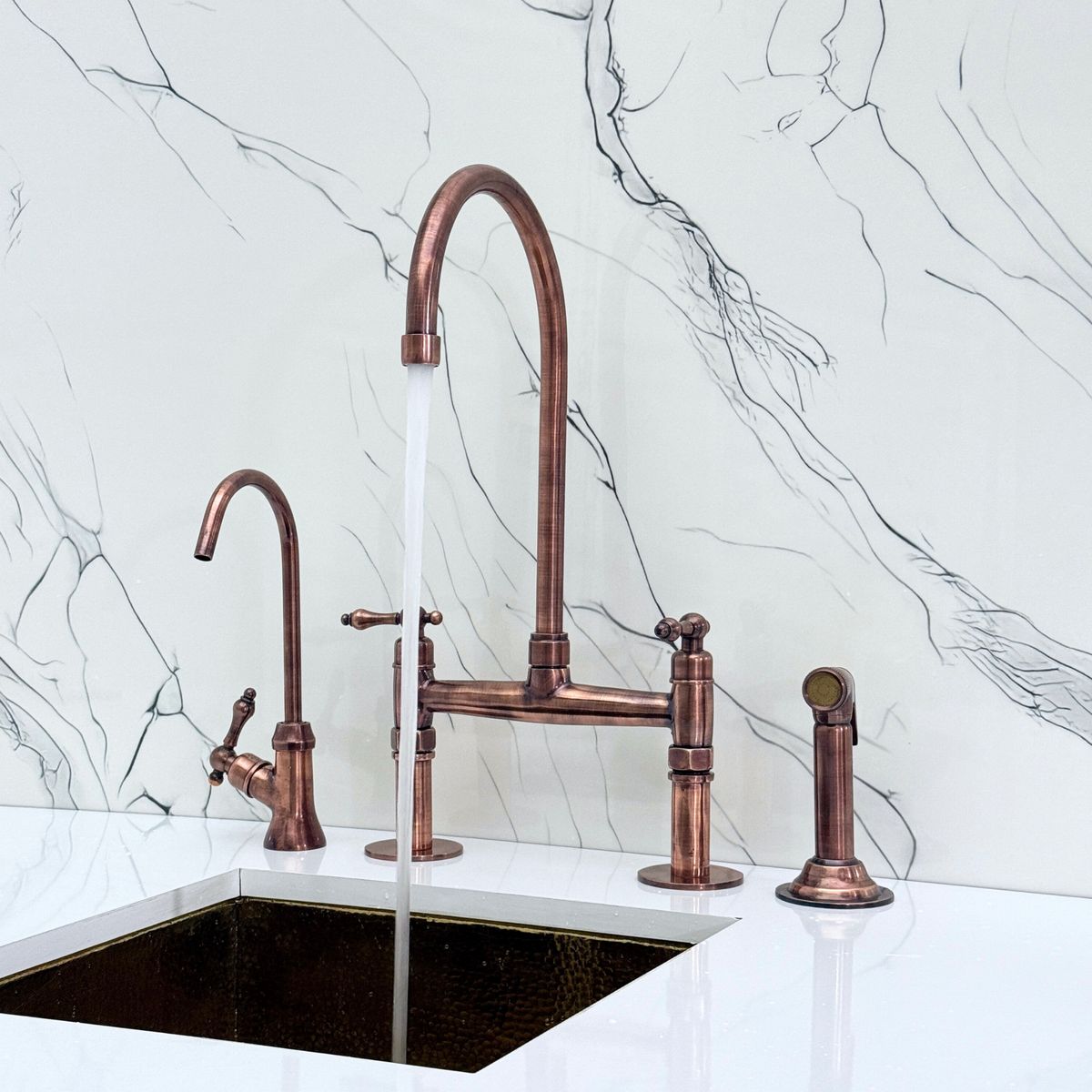 Antique Copper Bridge Kitchen Faucet with Lever Handles – Windsor – alternate view 2