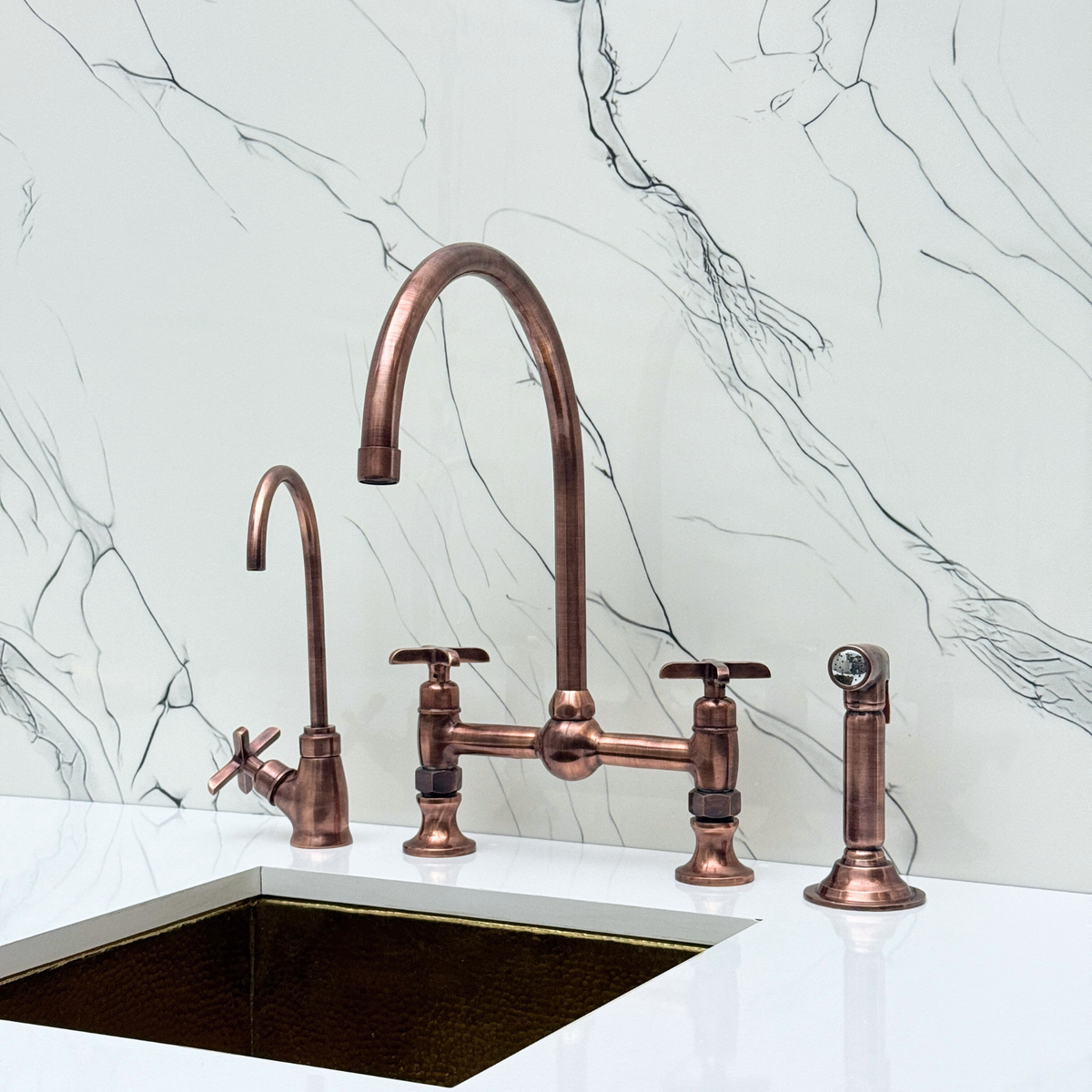 Antique Copper Vintage Bridge Kitchen Faucet with Cross Handles – Somerset – alternate view 6