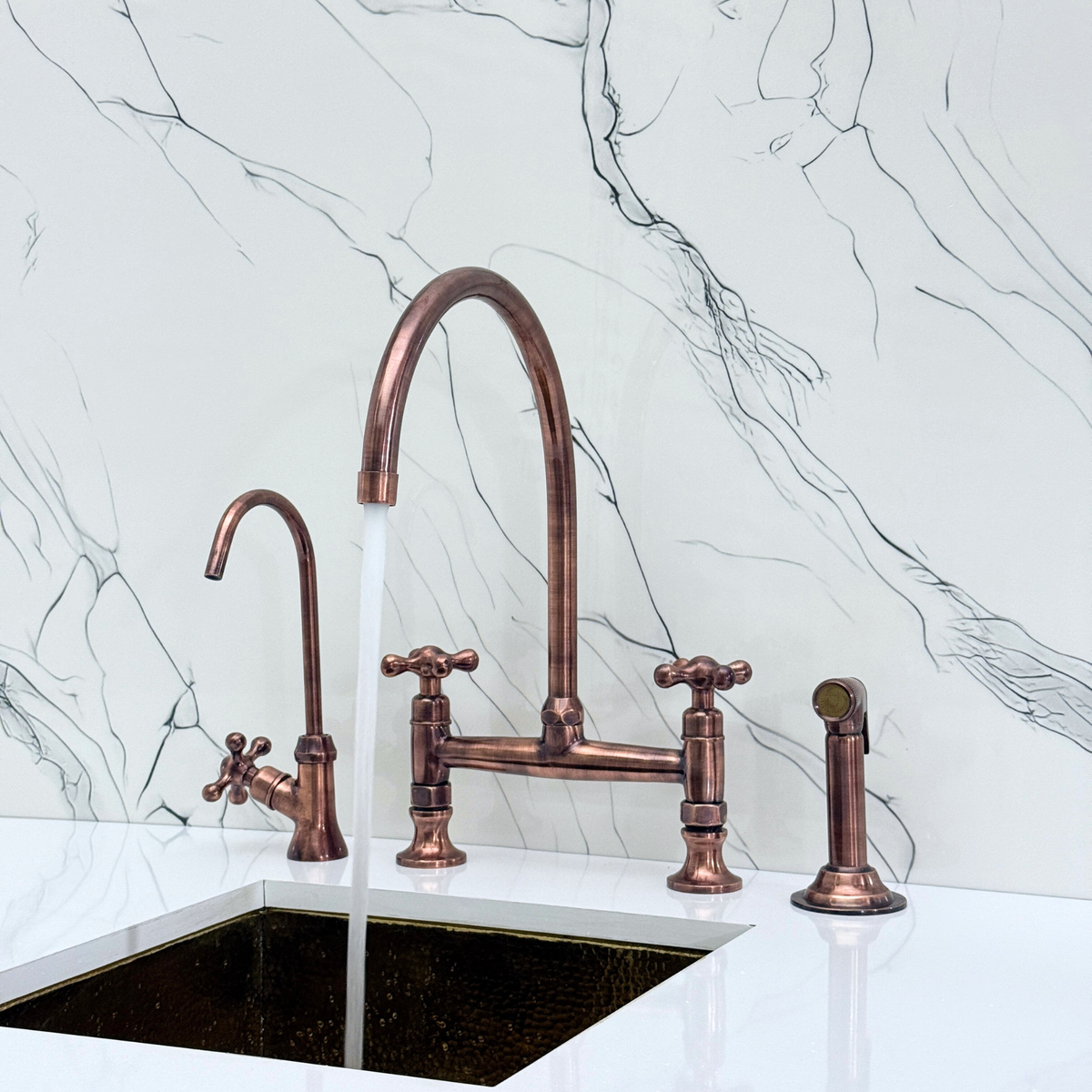 Antique Copper Bridge Kitchen Faucet with Cross Handles – Regent – alternate view 2