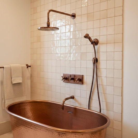 Antique Copper Adjustable Flat Round Rain Shower System with Handheld & Tub Filler — Straight arm (ACCSS-015) — shower system overview