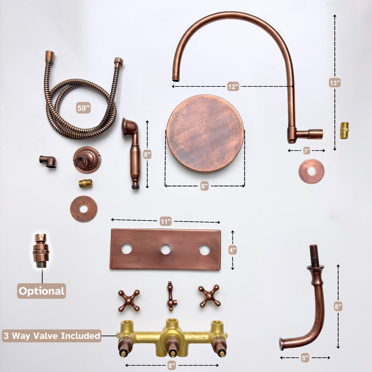 Antique Copper Adjustable Flat Round Rain Shower System with Handheld & Tub Filler — Arcuate arm (ACCSS-014) — detail view 14