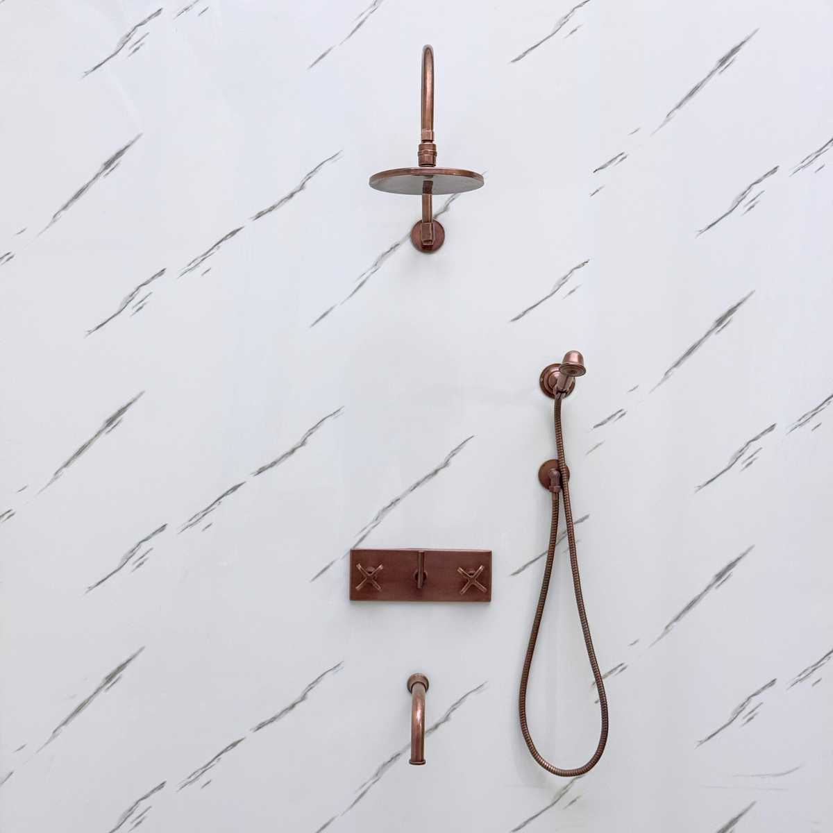 Antique Copper Adjustable Flat Round Rain Shower System with Handheld & Tub Filler — Arcuate arm (ACCSS-014) — detail view 5