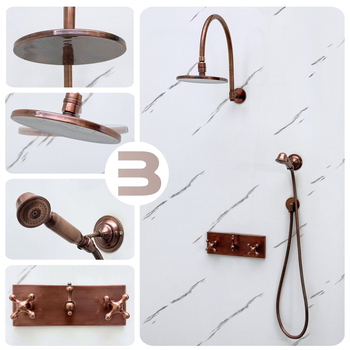 Antique Copper Adjustable Flat Round Rain Shower System with Handheld — Arcuate arm (ACCSS-012) — detail view 2