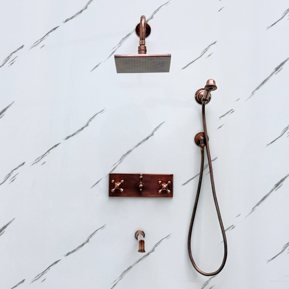Antique Copper Adjustable Square Rain Shower System with Handheld & Tub Filler — Straight arm (ACCSS-019) — detail view 5
