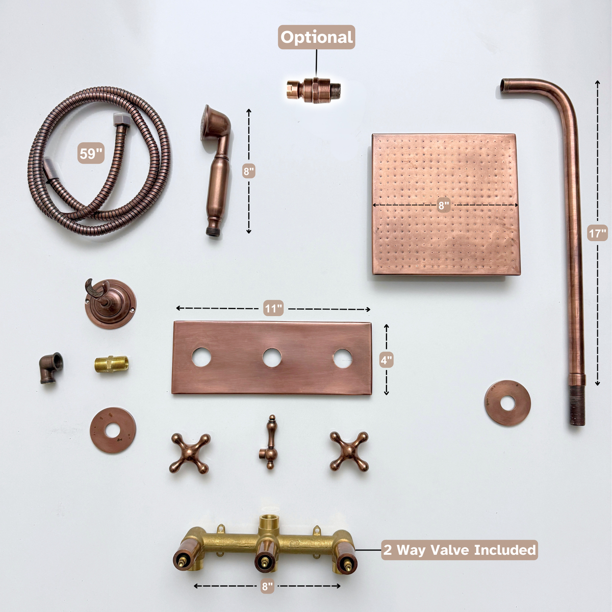 Antique Copper Adjustable Square Rain Shower System with Handheld — Straight arm (ACCSS-018) — detail view 13