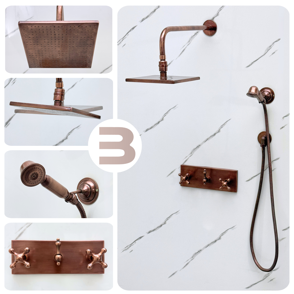Antique Copper Adjustable Square Rain Shower System with Handheld — Straight arm (ACCSS-018) — detail view 2