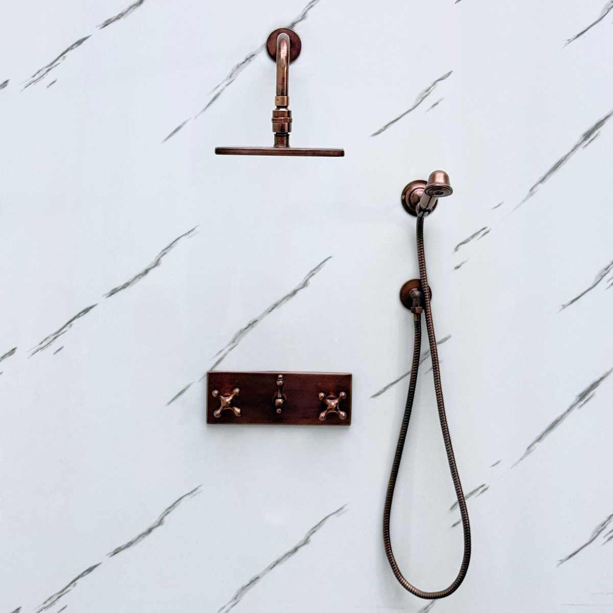 Antique Copper Adjustable Square Rain Shower System with Handheld — Straight arm (ACCSS-018) — detail view 5