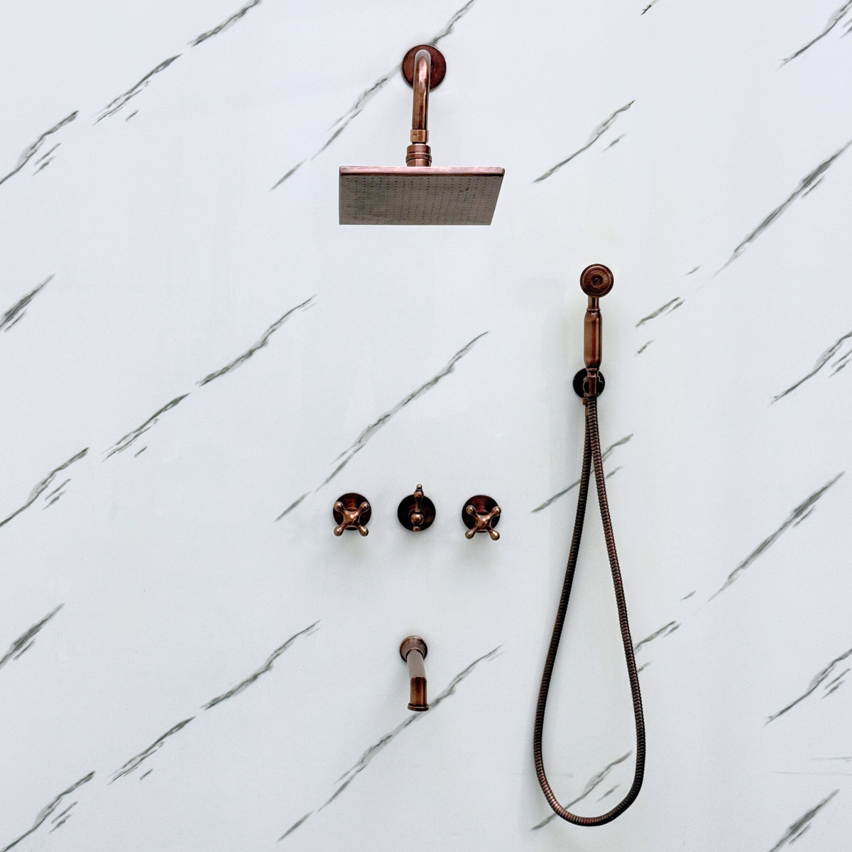 Antique Copper Adjustable Square Rain Shower System with Handheld & Tub Filler — Straight arm (ACCSS-016) — detail view 5