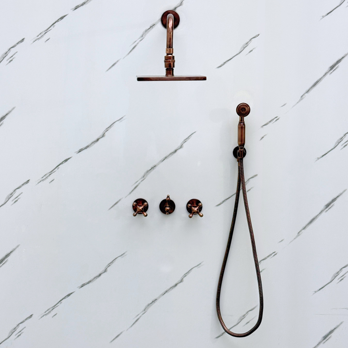 Antique Copper Square Rain Shower System with Handheld — Straight arm (ACCSS-017) — detail view 5