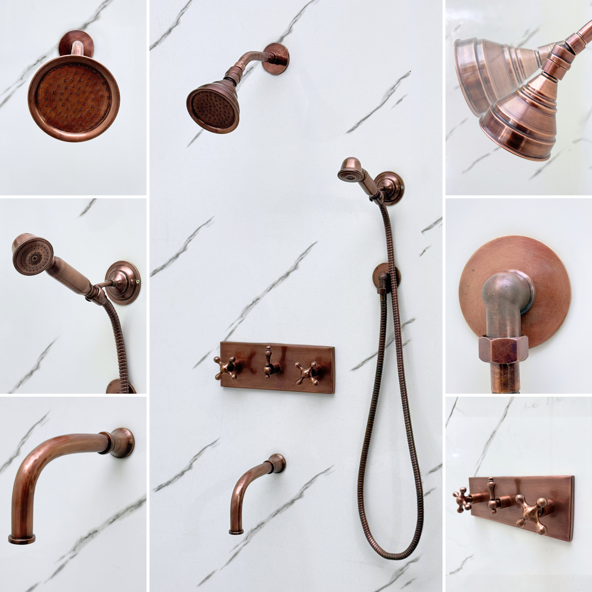 Antique Copper Adjustable Round Rain Shower System with Handheld & Tub Filler — Short arm (ACCSS-013) — detail view 2