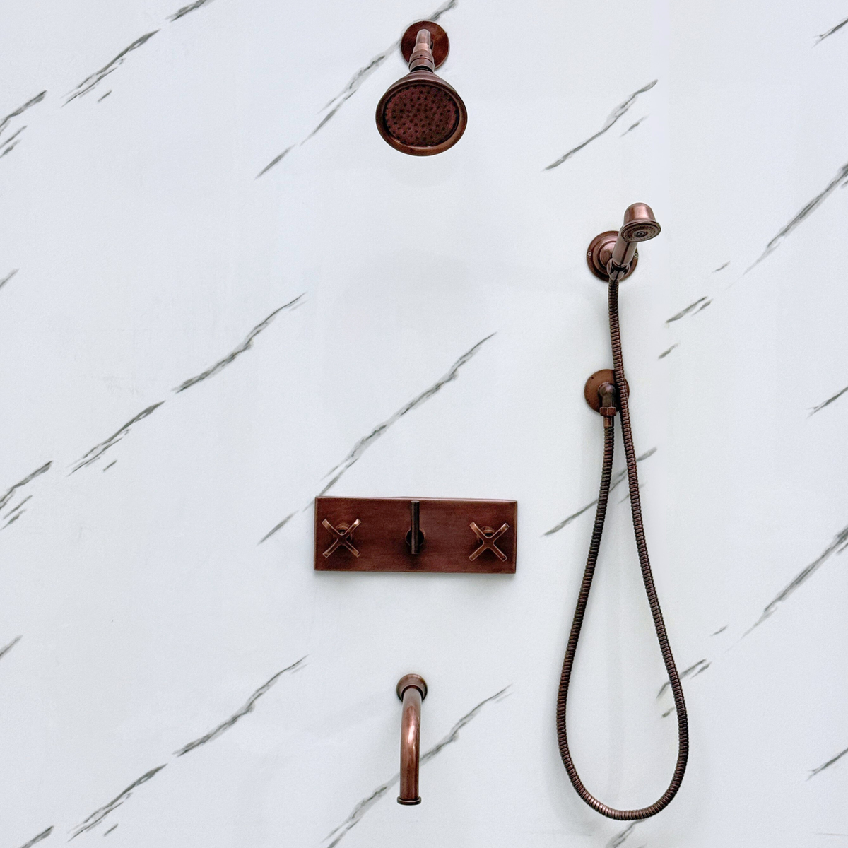 Antique Copper Adjustable Round Rain Shower System with Handheld & Tub Filler — Short arm (ACCSS-013) — detail view 5
