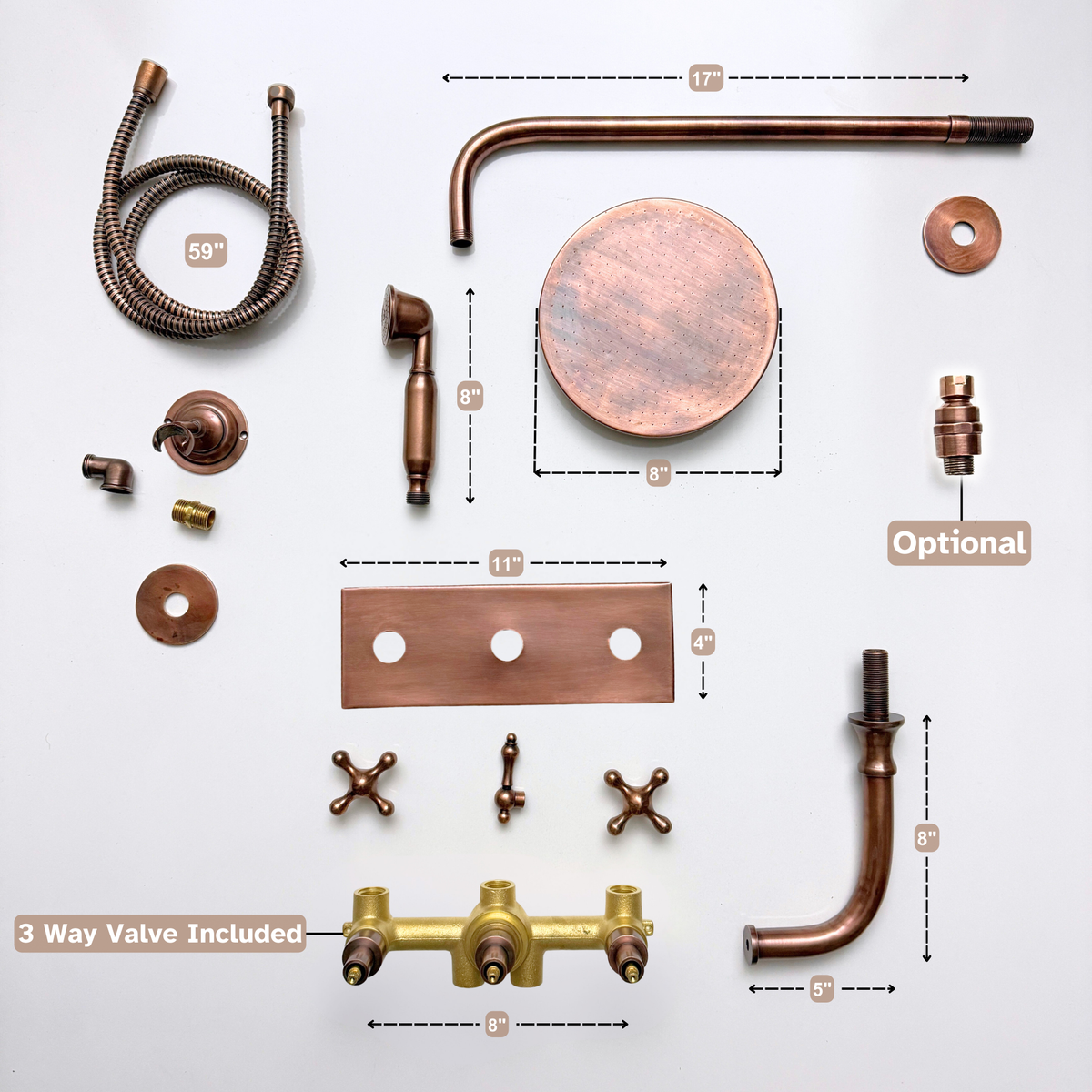 Antique Copper Adjustable Flat Round Rain Shower System with Handheld & Tub Filler — Straight arm (ACCSS-015) — detail view 14