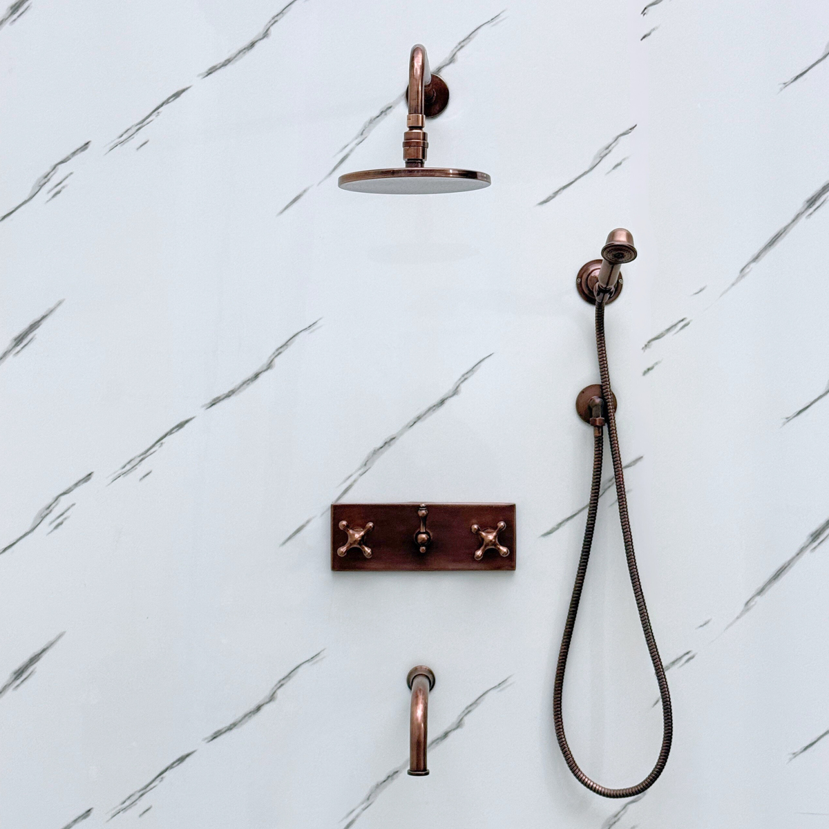 Antique Copper Adjustable Flat Round Rain Shower System with Handheld & Tub Filler — Straight arm (ACCSS-015) — detail view 5