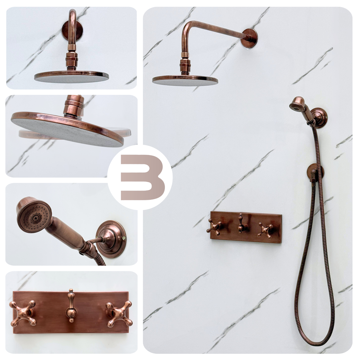 Antique Copper Adjustable Flat Round Rain Shower System with Handheld — Straight arm (ACCSS-011) — detail view 2