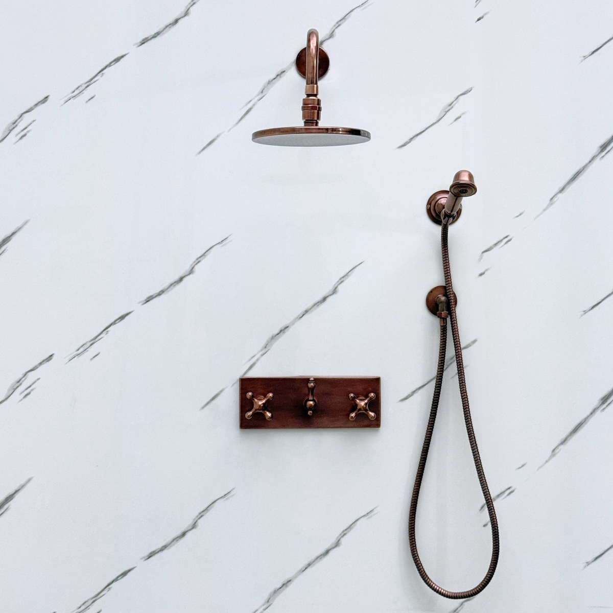 Antique Copper Adjustable Flat Round Rain Shower System with Handheld — Straight arm (ACCSS-011) — detail view 5