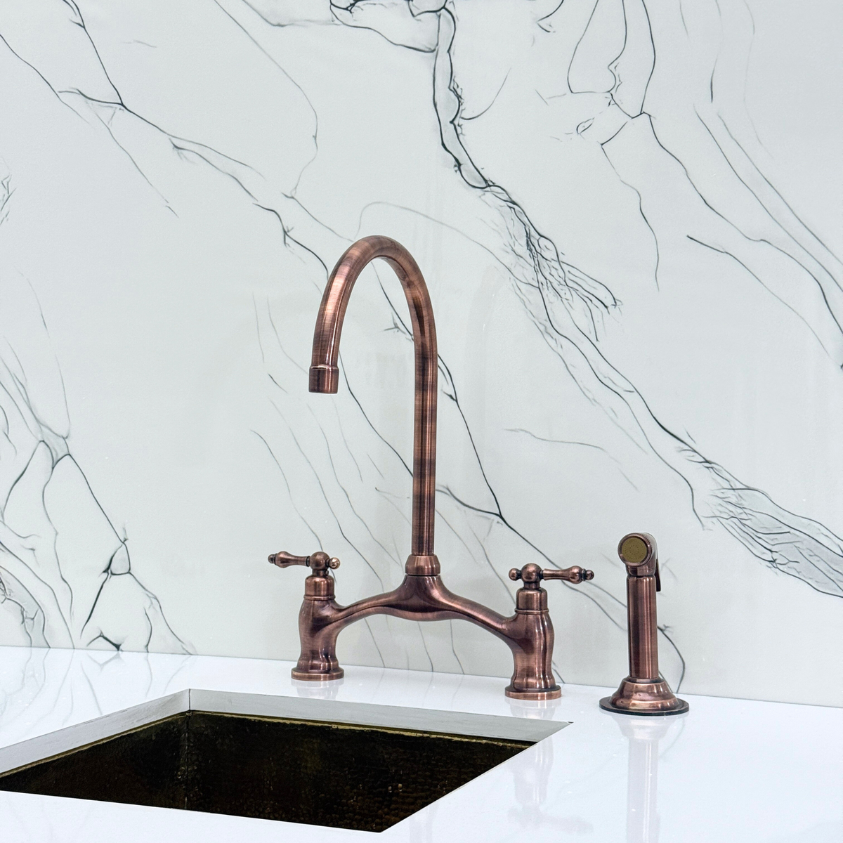 Antique Copper Bridge Kitchen Faucet with Lever Handles – Alderley – alternate view 11