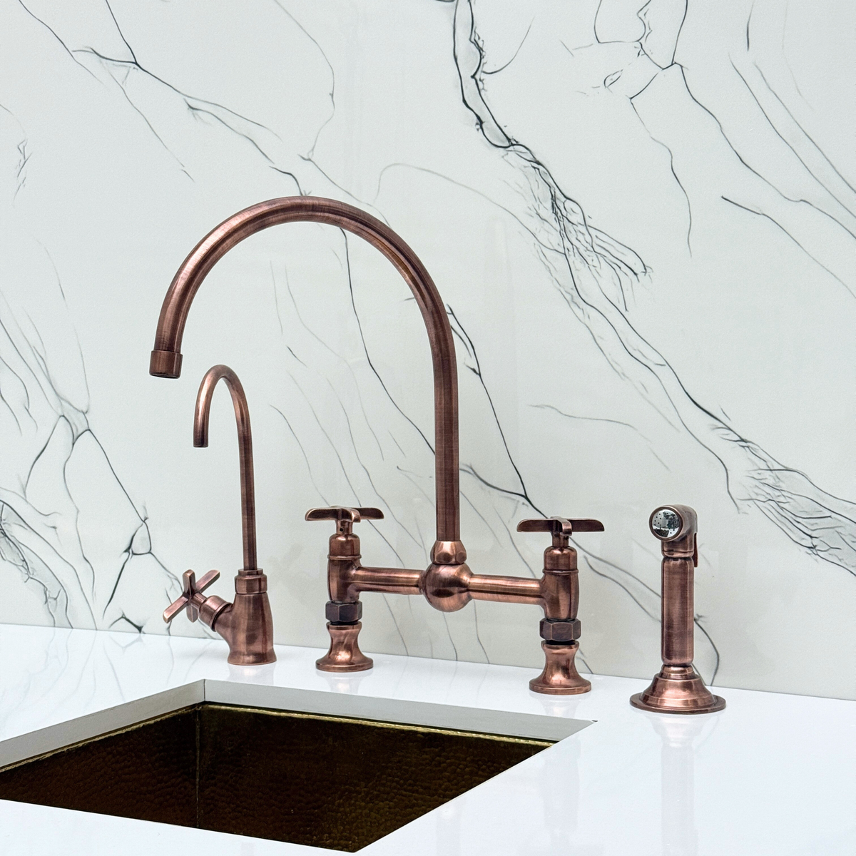 Antique Copper Vintage Bridge Kitchen Faucet with Cross Handles – Somerset – alternate view 4