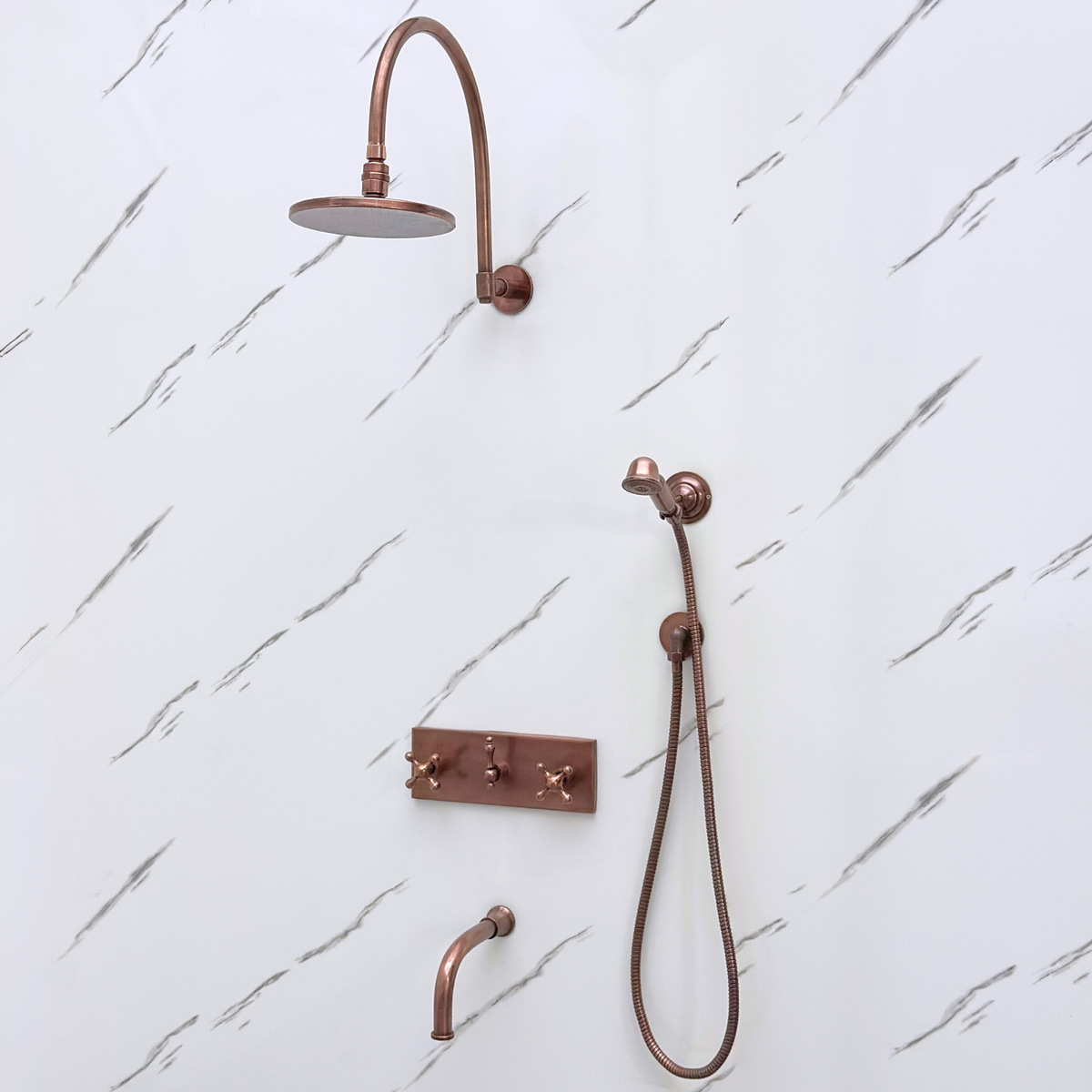 Antique Copper Adjustable Flat Round Rain Shower System with Handheld & Tub Filler — Arcuate arm (ACCSS-014) — detail view 3
