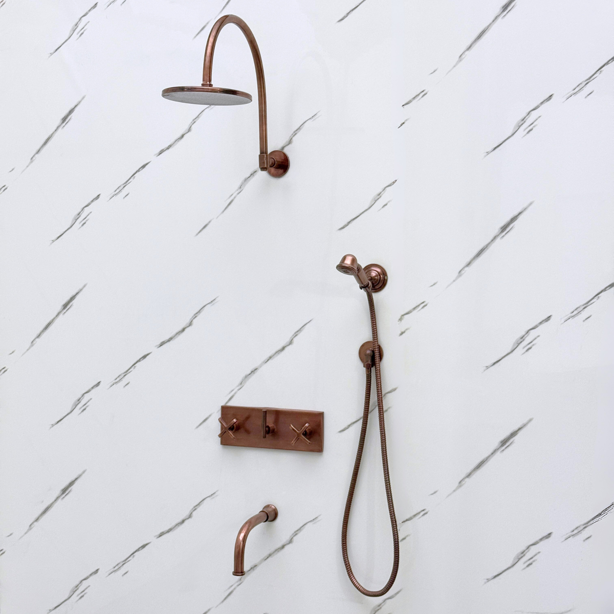 Antique Copper Adjustable Flat Round Rain Shower System with Handheld & Tub Filler — Arcuate arm (ACCSS-014) — detail view 9