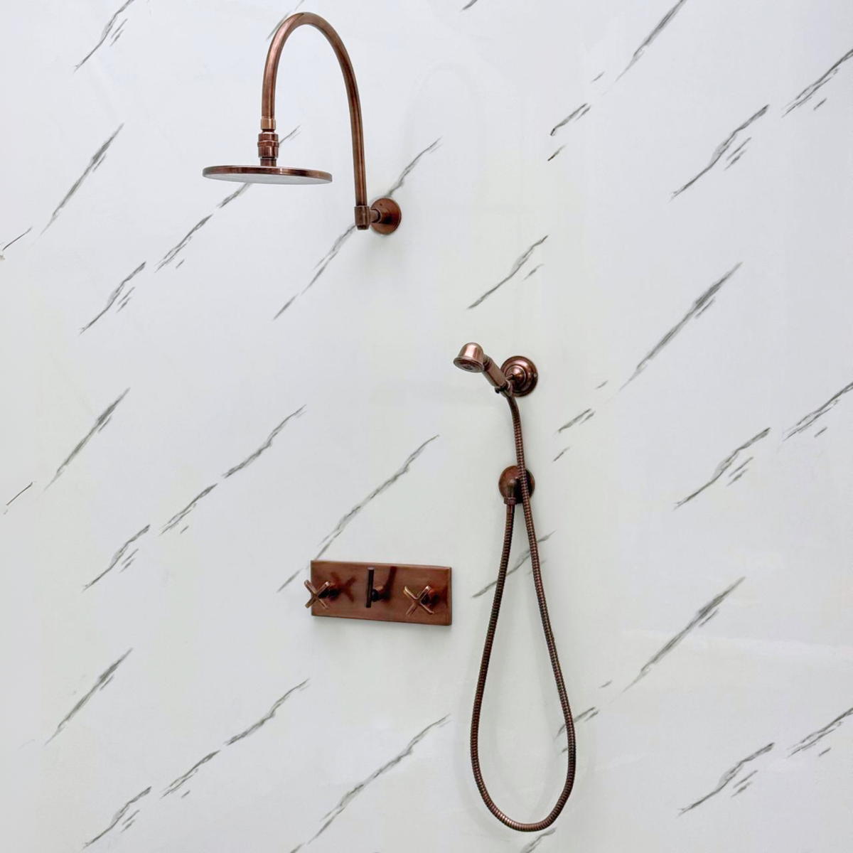 Antique Copper Adjustable Flat Round Rain Shower System with Handheld — Arcuate arm (ACCSS-012) — detail view 4