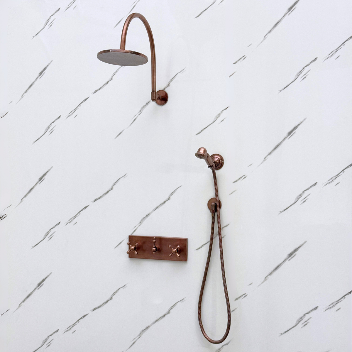 Antique Copper Adjustable Flat Round Rain Shower System with Handheld — Arcuate arm (ACCSS-012) — detail view 7