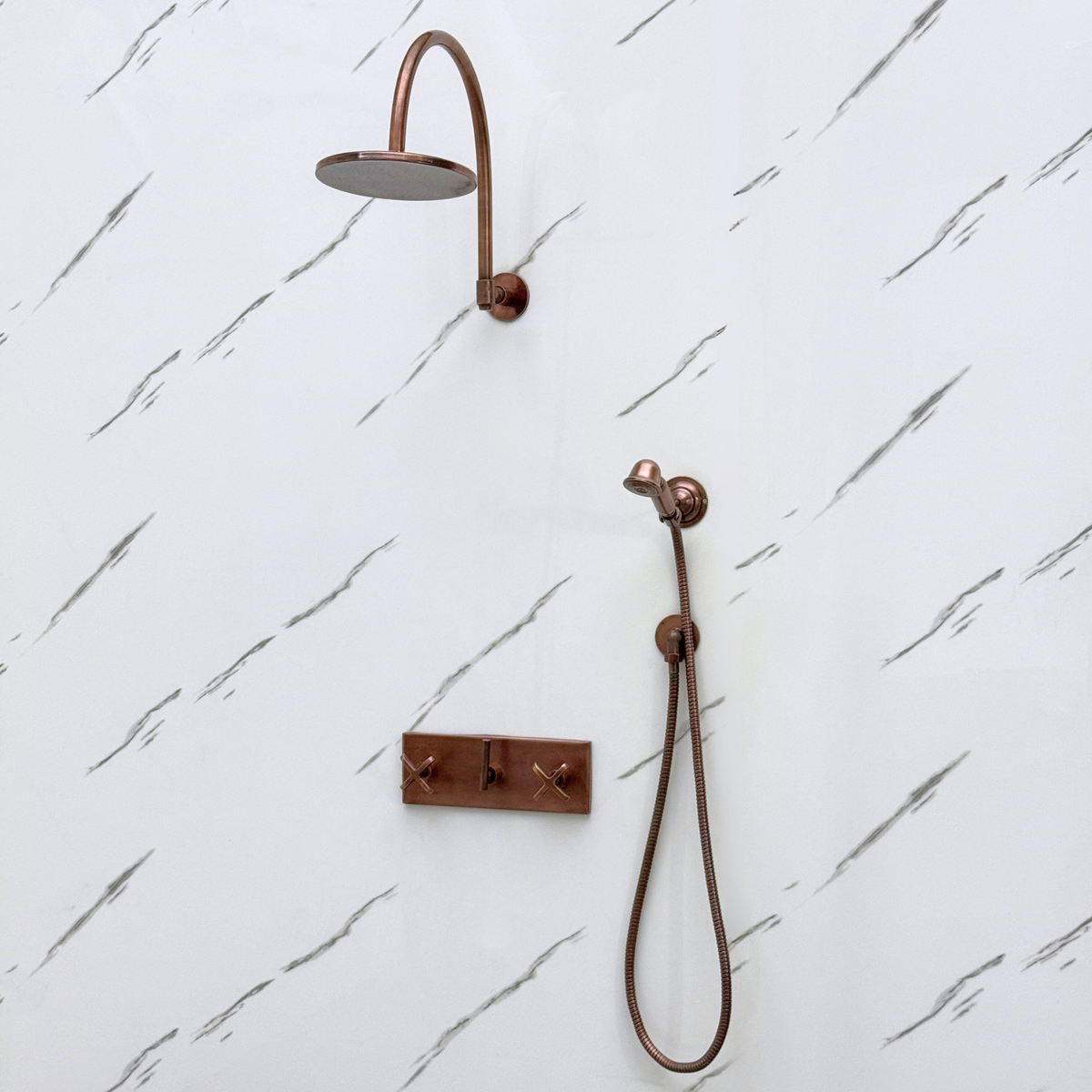 Antique Copper Adjustable Flat Round Rain Shower System with Handheld — Arcuate arm (ACCSS-012) — detail view 8