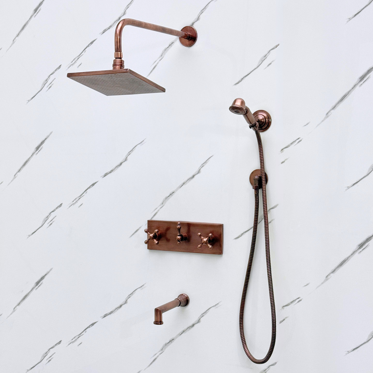 Antique Copper Adjustable Square Rain Shower System with Handheld & Tub Filler — Straight arm (ACCSS-019) — detail view 3