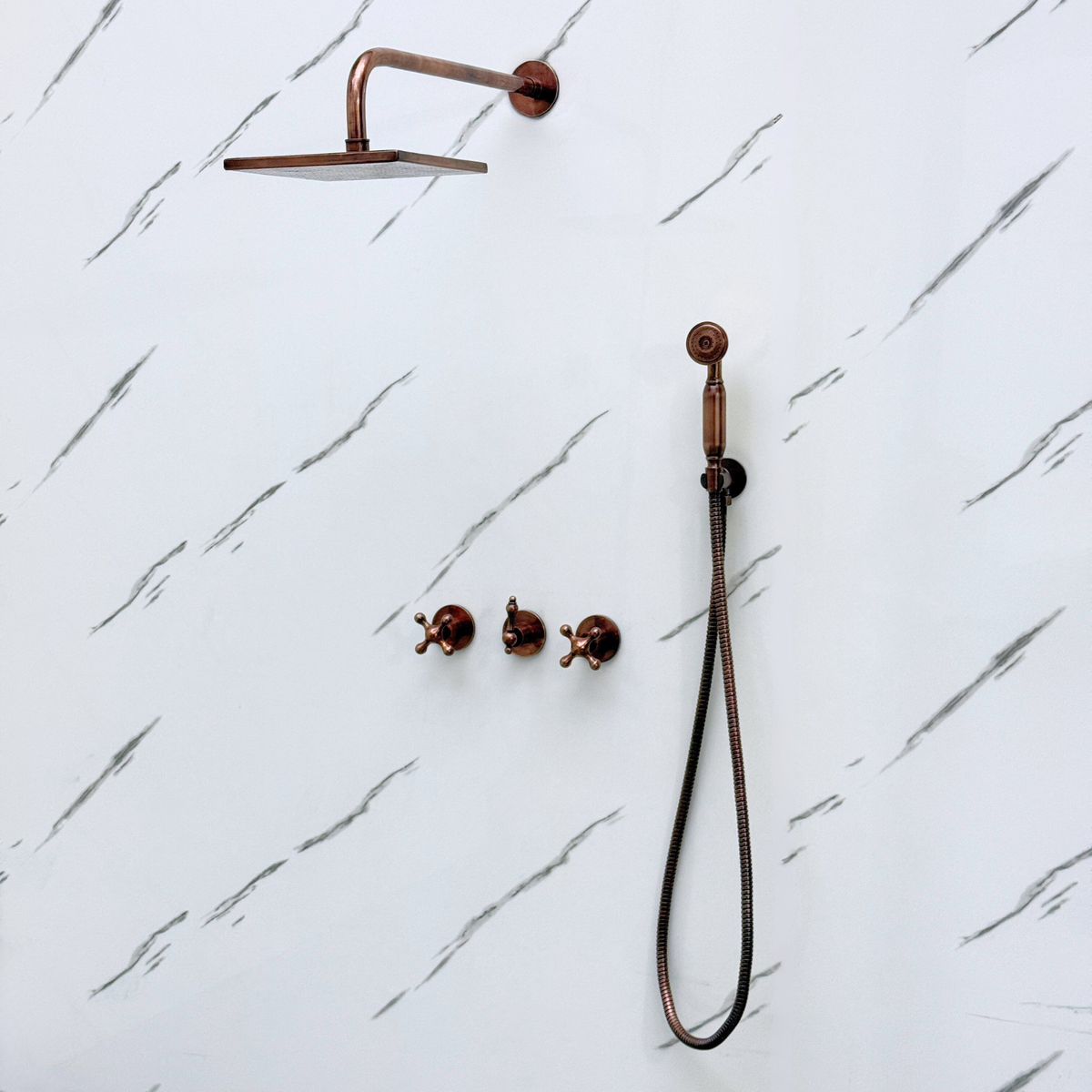 Antique Copper Square Rain Shower System with Handheld — Straight arm (ACCSS-017) — detail view 8