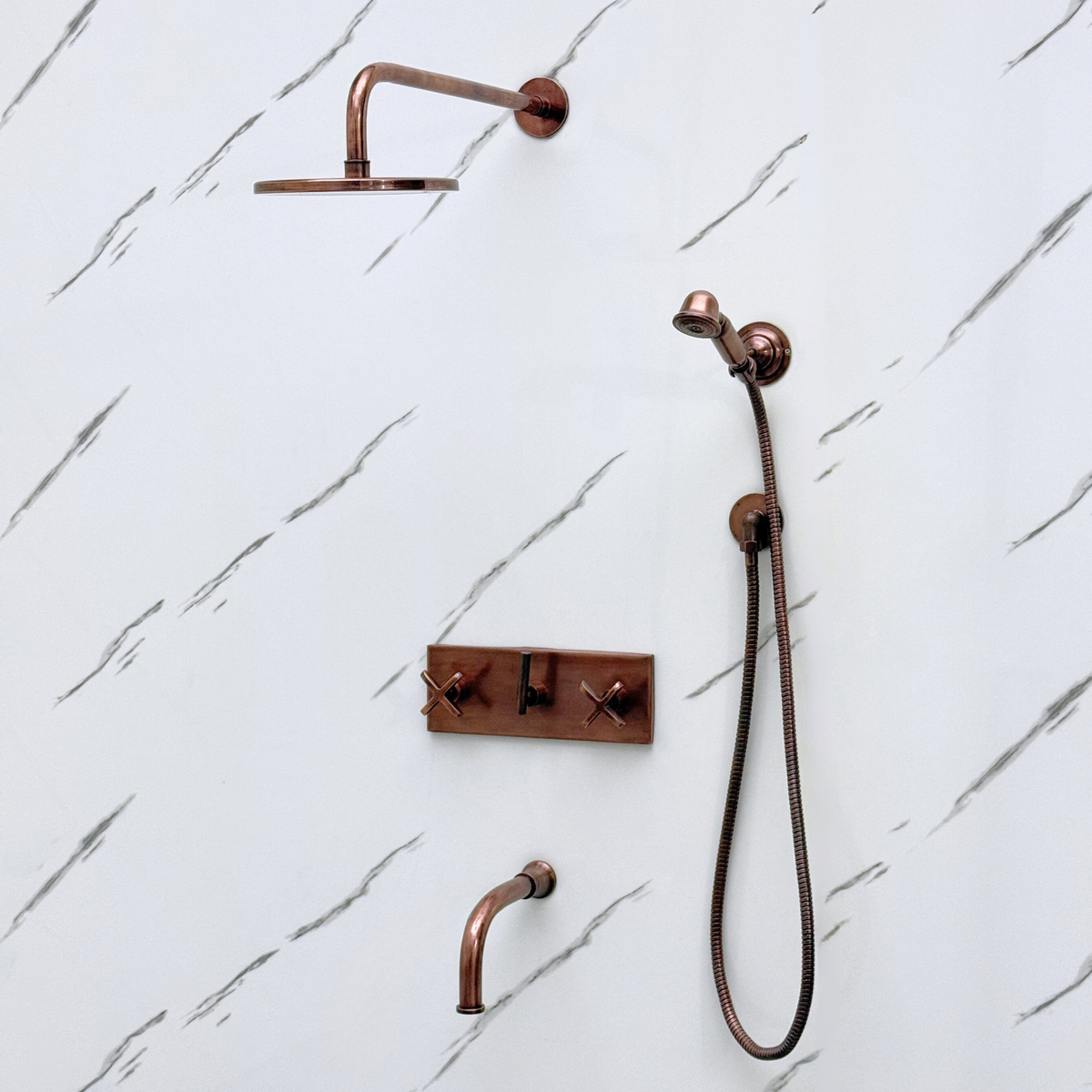 Antique Copper Adjustable Flat Round Rain Shower System with Handheld & Tub Filler — Straight arm (ACCSS-015) — detail view 9