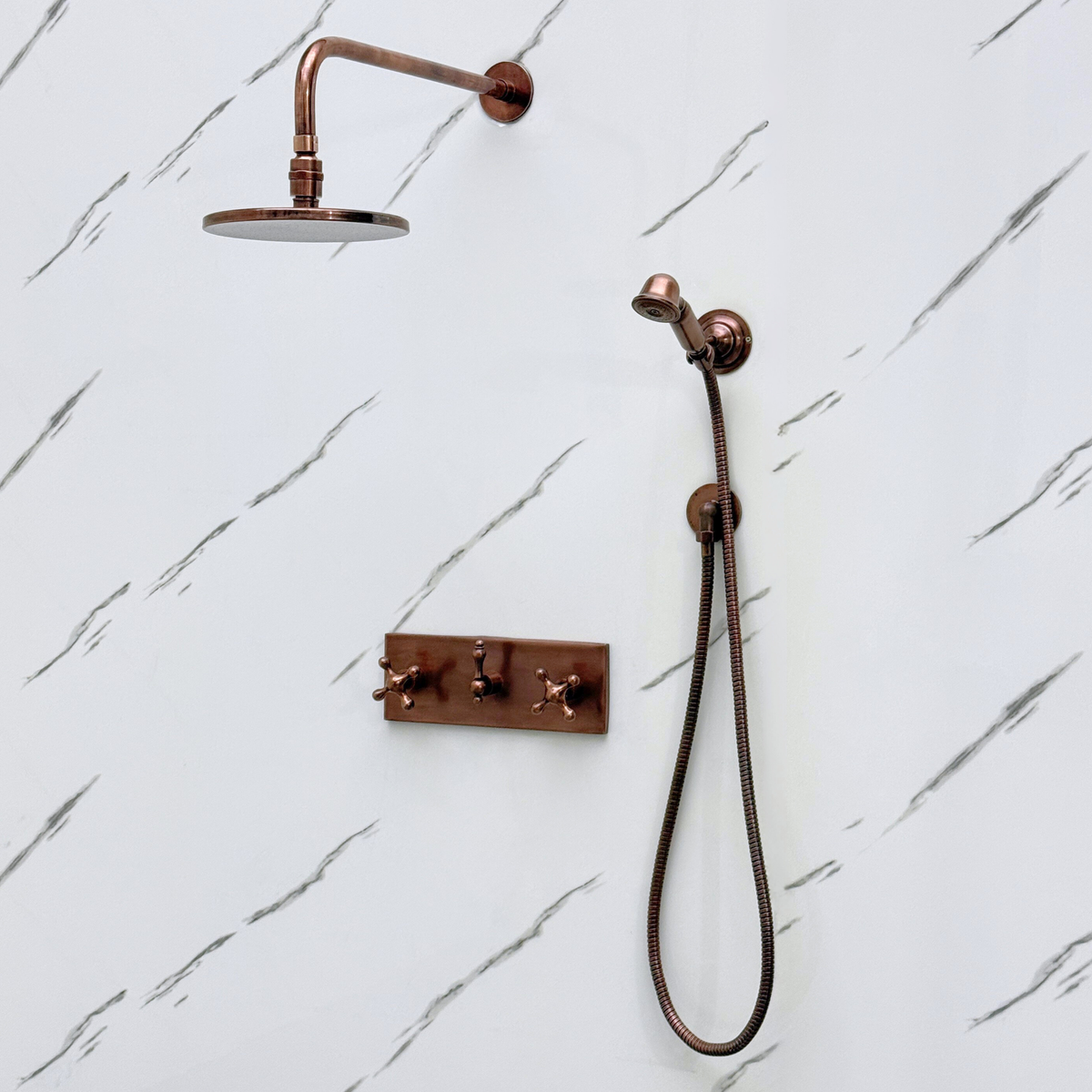 Antique Copper Adjustable Flat Round Rain Shower System with Handheld — Straight arm (ACCSS-011) — detail view 3