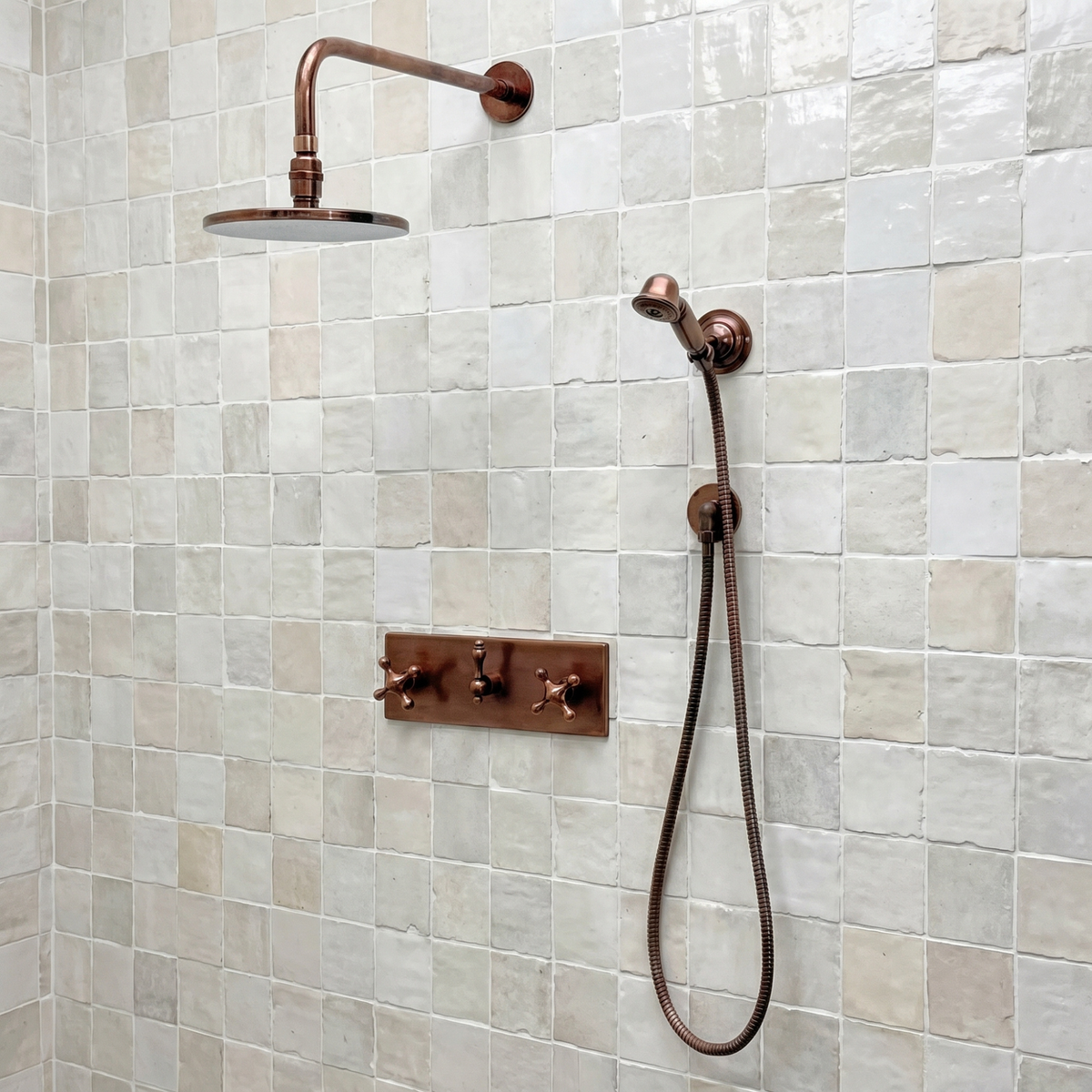 Antique Copper Adjustable Flat Round Rain Shower System with Handheld — Straight arm (ACCSS-011) — shower system overview