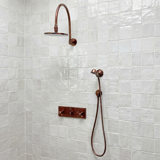 Antique Copper Adjustable Flat Round Rain Shower System with Handheld — Arcuate arm (ACCSS-012) — shower system overview