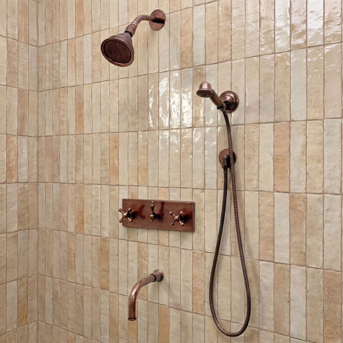 Antique Copper Adjustable Round Rain Shower System with Handheld & Tub Filler — Short arm (ACCSS-013) — shower system overview