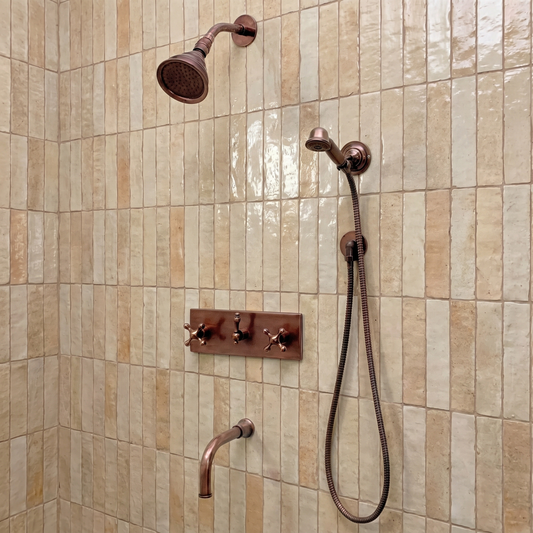 Antique Copper Adjustable Round Rain Shower System with Handheld & Tub Filler — Short arm (ACCSS-013) — shower system overview