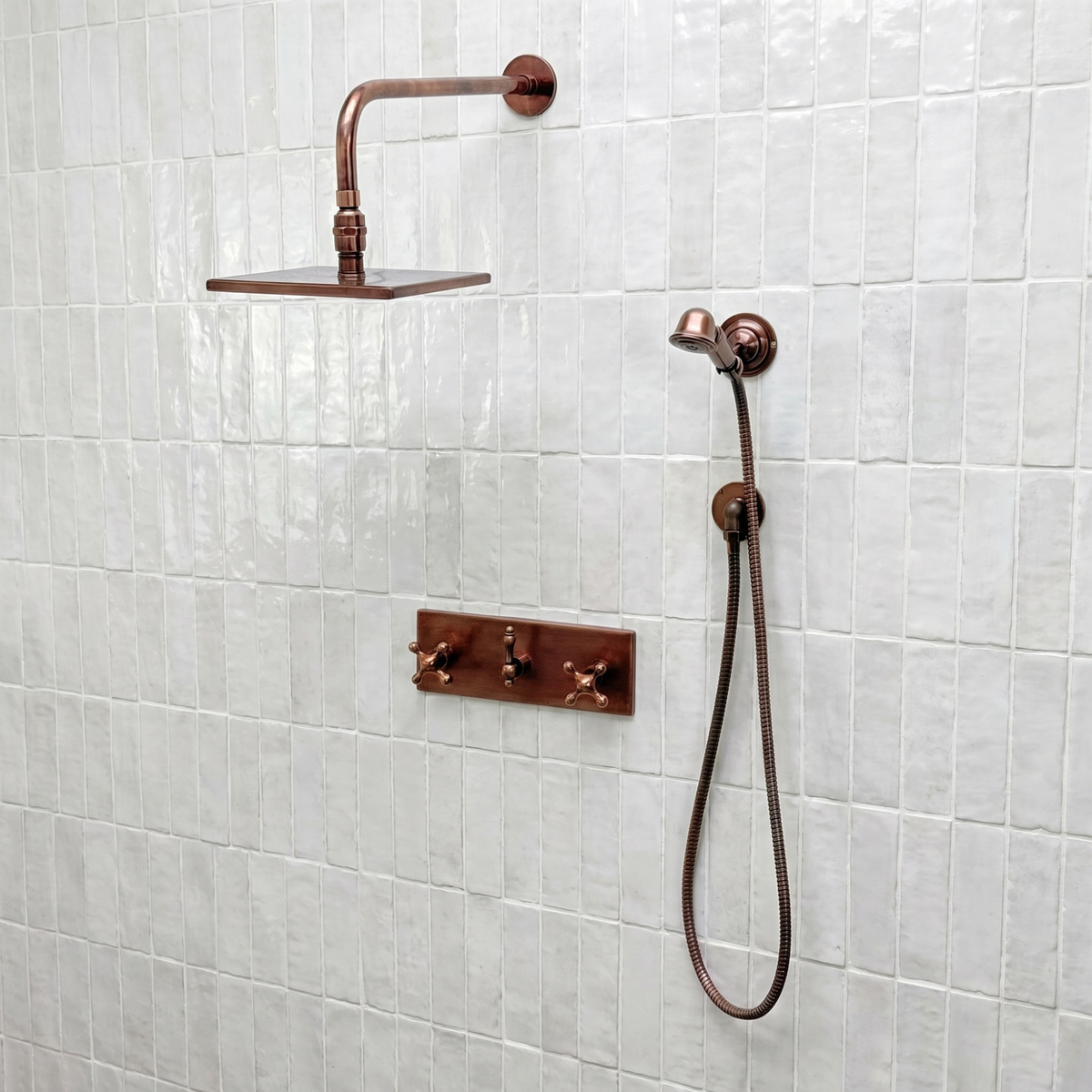 Antique Copper Adjustable Square Rain Shower System with Handheld — Straight arm (ACCSS-018) — shower system overview