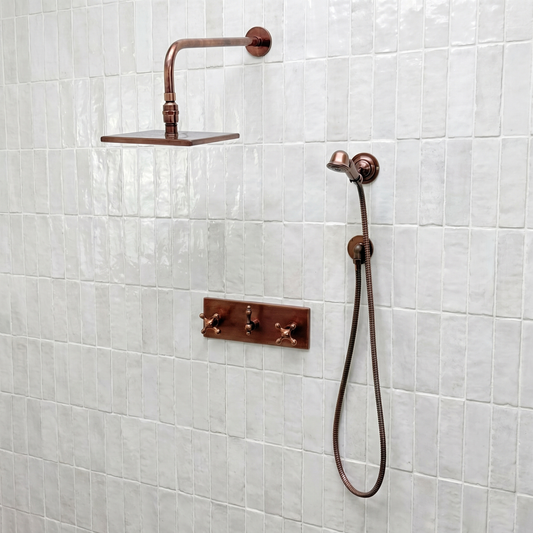 Antique Copper Adjustable Square Rain Shower System with Handheld — Straight arm (ACCSS-018) — shower system overview