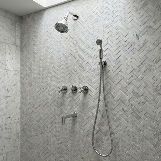 Polished Nickel Adjustable Round Rain Shower System with Handheld & Tub Filler — Short arm (PNCSS-021) — shower system overview