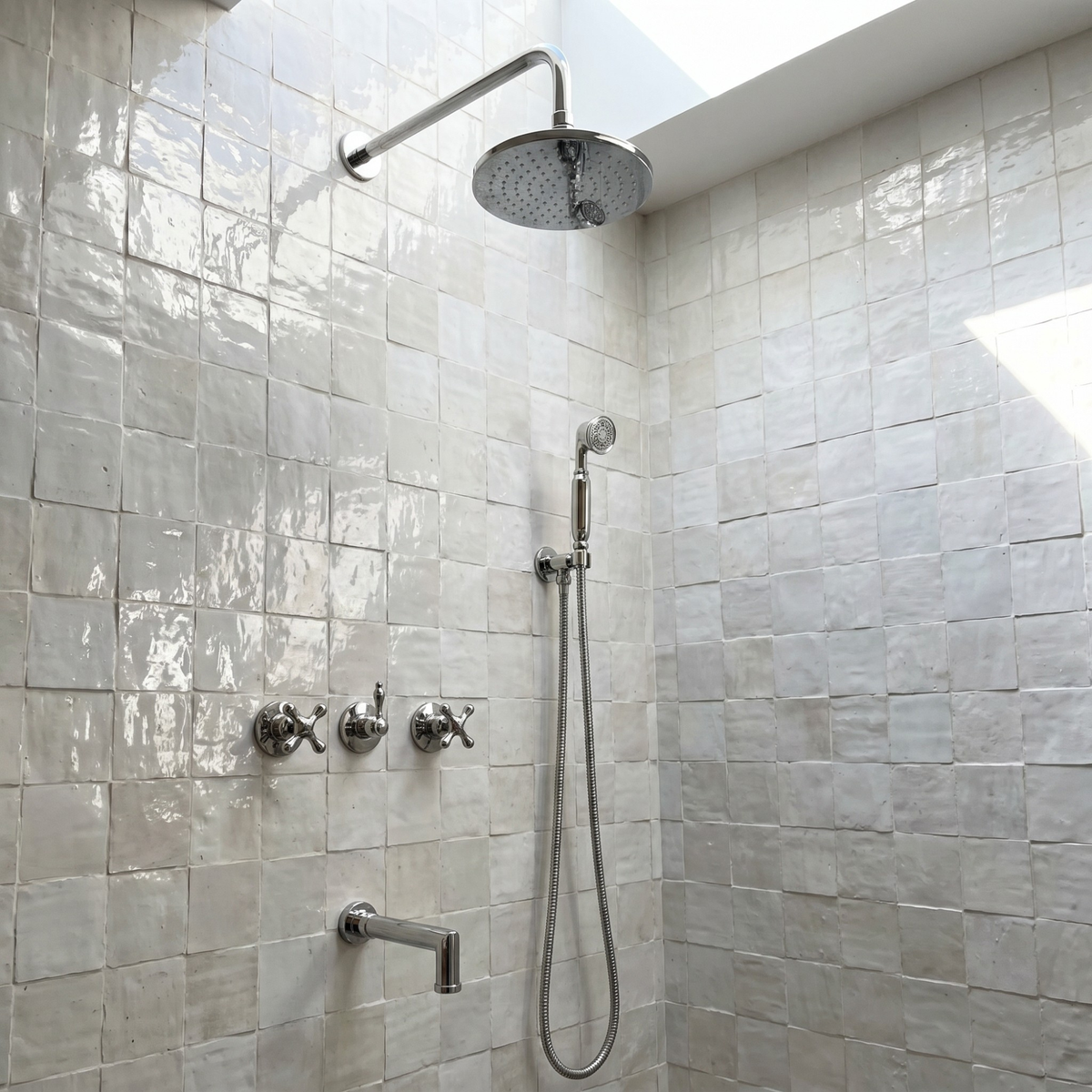 Polished Nickel Adjustable Flat Round Rain Shower System with Handheld & Tub Filler — Straight arm (PNCSS-019) — shower system overview