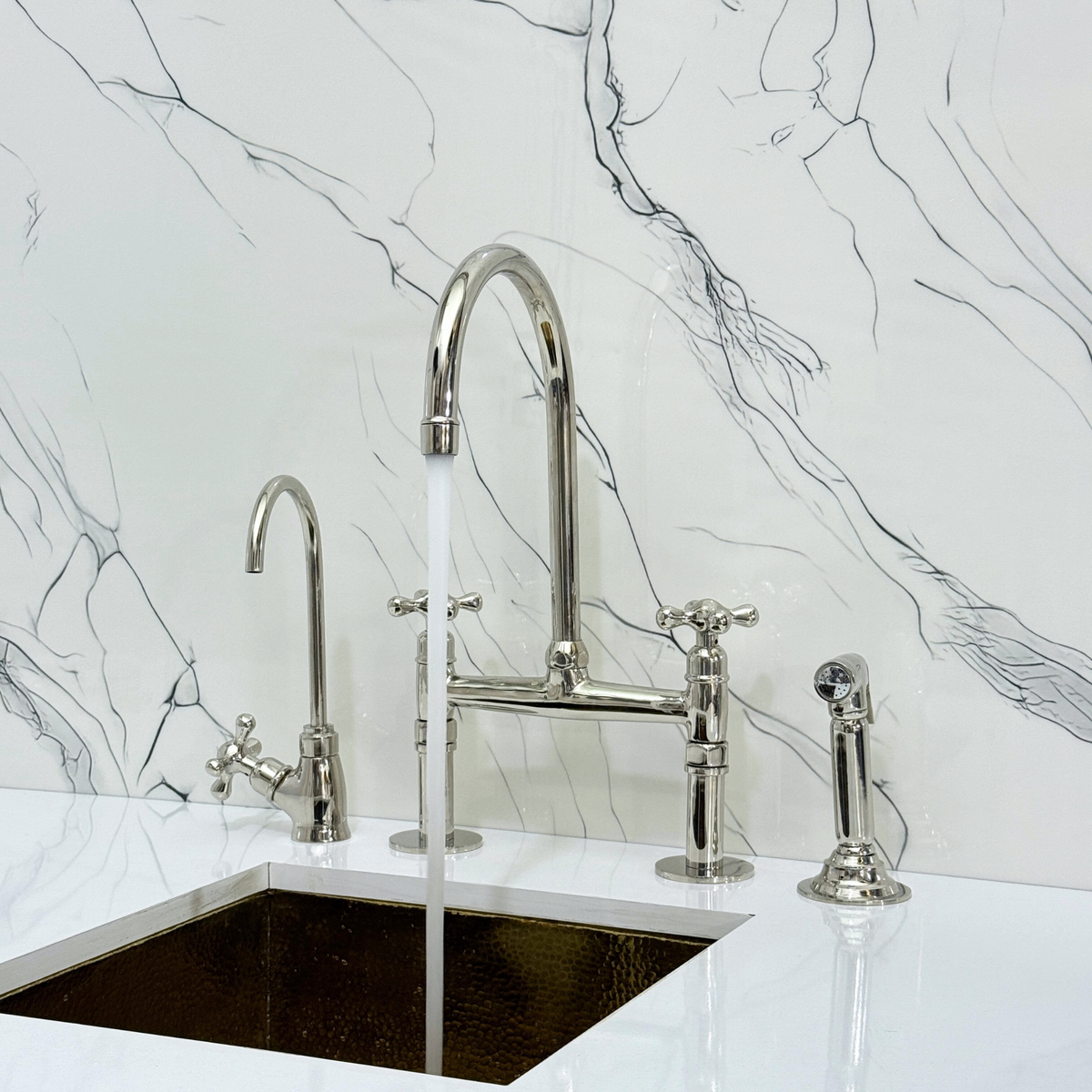 Polished Nickel Bridge Kitchen Faucet with Cross Handles – Montrose – alternate view 2