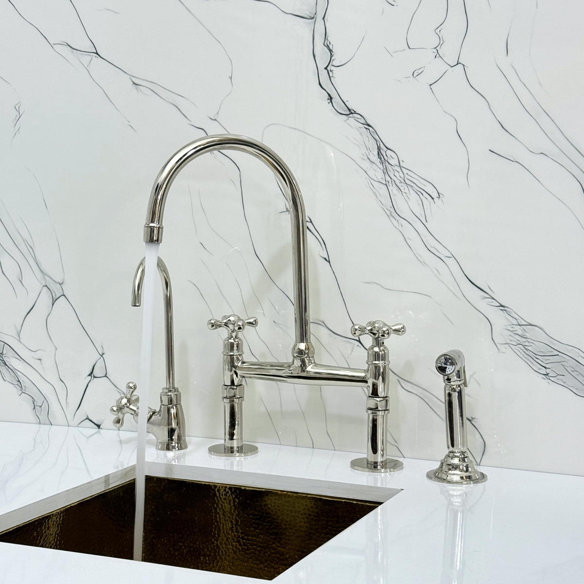 Polished Nickel Bridge Kitchen Faucet with Cross Handles – Montrose – alternate view 3